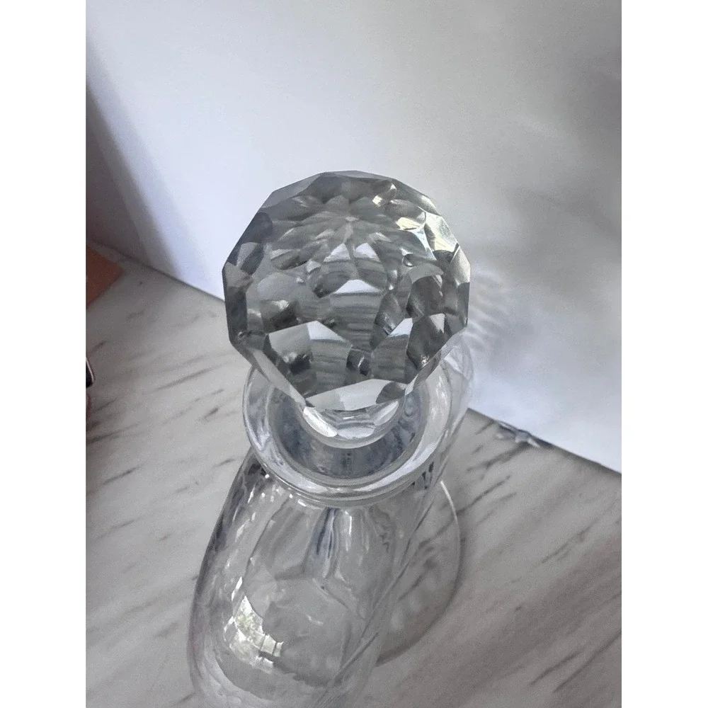 Vintage Etched Glass Donut Decanter Grape Vine Motif Faceted Stopper Clear